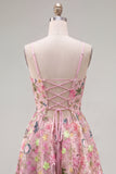 A-Line Spaghetti Straps Pink Floral Embroidered Homecoming Dress