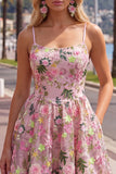 A-Line Spaghetti Straps Pink Floral Embroidered Homecoming Dress