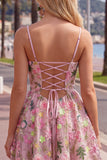 A-Line Spaghetti Straps Pink Floral Embroidered Homecoming Dress