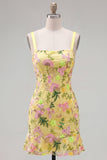 Yellow Ruffled Bodycon Floral Embroidered Homecoming Dress
