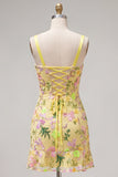 Yellow Ruffled Bodycon Floral Embroidered Homecoming Dress