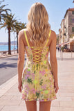 Yellow Ruffled Bodycon Floral Embroidered Homecoming Dress