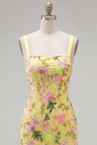 Yellow Ruffled Bodycon Floral Embroidered Homecoming Dress