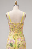 Yellow Ruffled Bodycon Floral Embroidered Homecoming Dress