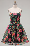 A-Line Embroidered Black Red Flower Homecoming Dress