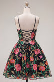 A-Line Embroidered Black Red Flower Homecoming Dress
