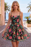 A-Line Embroidered Black Red Flower Homecoming Dress