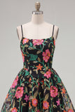 A-Line Embroidered Black Red Flower Homecoming Dress