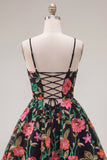 A-Line Embroidered Black Red Flower Homecoming Dress