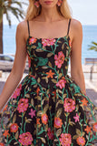 A-Line Embroidered Black Red Flower Homecoming Dress