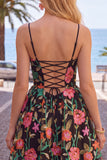 A-Line Embroidered Black Red Flower Homecoming Dress