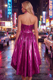 Strapless Fuchsia Corset Metallic 80s High-Low Homecoming Dress