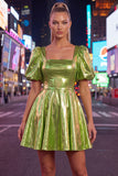 Square Neck Hot Pink A Line Metallic 80s Homecoming Dress With Puff Sleeves
