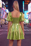 Square Neck Hot Pink A Line Metallic 80s Homecoming Dress With Puff Sleeves