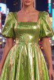 Square Neck Hot Pink A Line Metallic 80s Homecoming Dress With Puff Sleeves