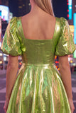 Square Neck Hot Pink A Line Metallic 80s Homecoming Dress With Puff Sleeves