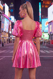 Square Neck Hot Pink A Line Metallic 80s Homecoming Dress With Puff Sleeves
