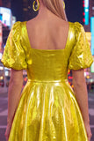 Square Neck Hot Pink A Line Metallic 80s Homecoming Dress With Puff Sleeves