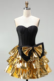 Strapless Corset Black Golden A Line 80s Homecoming Dress With Bow