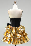Strapless Corset Black Golden A Line 80s Homecoming Dress With Bow