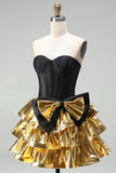 Strapless Corset Black Golden A Line 80s Homecoming Dress With Bow