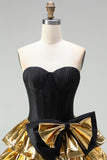 Strapless Corset Black Golden A Line 80s Homecoming Dress With Bow