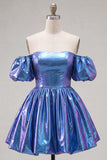 Off The Shoulder A Line Fuchsia Metallic 80s Homecoming Dress