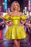 Off The Shoulder A Line Fuchsia Metallic 80s Homecoming Dress