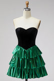 Strapless Black Green Tiered A Line 80s Homecoming Dress