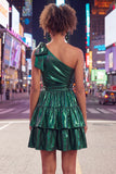 One Shoulder A Line Fuchsia Metallic 80s Homecoming Dress With Bow