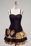 A Line Spaghetti Straps Black Golden Tiered 80s Homecoming Dress With Bow