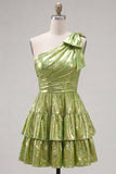 One Shoulder A Line Fuchsia Metallic 80s Homecoming Dress With Bow