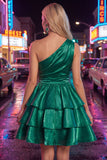 Dark Green One Shoulder A Line Metallic 80s Homecoming Dress