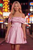 Pink Off The Shoulder A Line 80s Homecoming Dress With Beading
