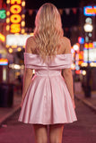 Pink Off The Shoulder A Line 80s Homecoming Dress With Beading