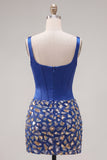 Square Neck Corset Bodycon Sparkly Dark Blue Homecoming Dress