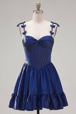 Navy Corset A Line Spaghetti Straps Homecoming Dress With Bows