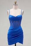 Royal Blue Corset Spaghetti Straps Bodycon Homecoming Dress