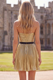Strapless Golden Pleated A Line Homecoming Dress With 3D Flower