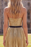 Strapless Golden Pleated A Line Homecoming Dress With 3D Flower