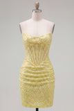 Strapless Corset Bodycon Sparkly Yellow Homecoming Dress