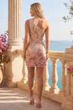 Sparkly One Shoulder Gold and Pink Bodycon Sequin Homecoming Dress