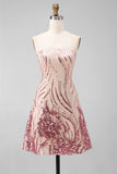 Strapless A-Line Gold and Pink Sequin Homecoming Dress