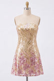 Strapless A-Line Gold and Pink Sequin Homecoming Dress