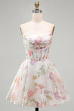 A-Line Ivory Floral Strapless Ruched Corset Homecoming Dress