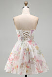 A-Line Ivory Floral Strapless Ruched Corset Homecoming Dress