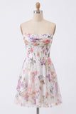 A-Line Ivory Floral Strapless Ruched Corset Homecoming Dress