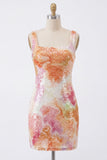Square Neck Bodycon Orange Sequin Homecoming Dress