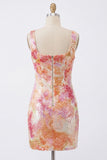 Square Neck Bodycon Orange Sequin Homecoming Dress
