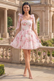White Pink Floral A-Line Chiffon Homecoming Dress